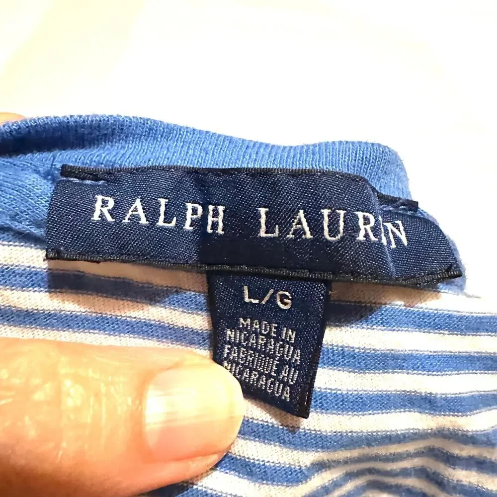 Ralph Lauren Girls Size L 12-14 Blue White Striped V-Neck T-Shirt Pink Pony